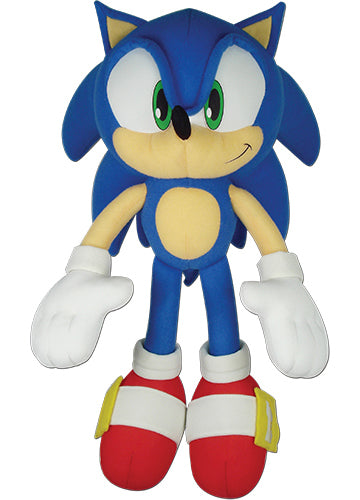 A plush doll of Sonic The Hedgehog, featuring a blue hedgehog with yellow and white accents, standing upright.